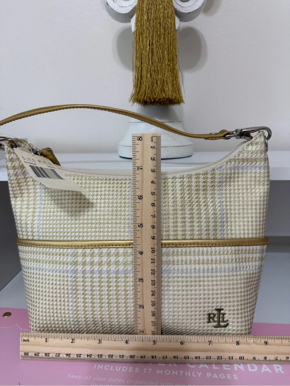 Vintage Ralph Lauren  Cream and gold Houndstooth Shoulder Bag with Gold Trim.